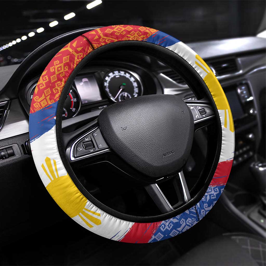 Philippines National Flag Day Steering Wheel Cover Polynesian and Yakan Tattoo Brush Style