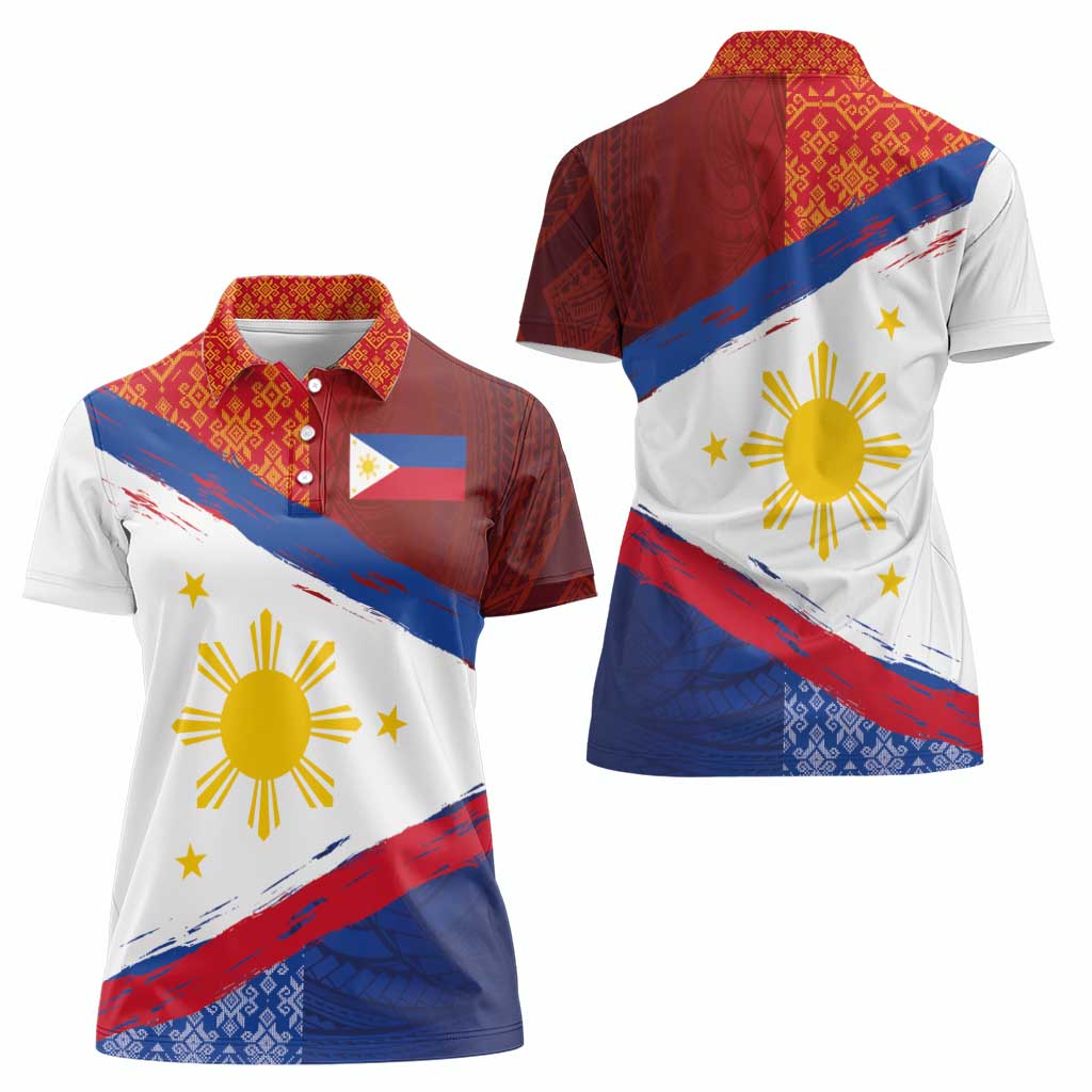 Philippines National Flag Day Women Polo Shirt Polynesian and Yakan Tattoo Brush Style