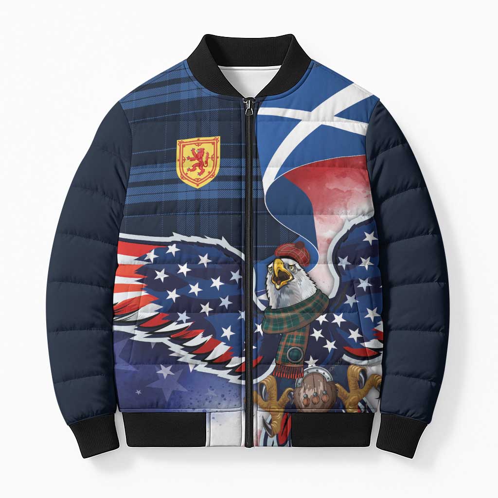 Scottish-American Heritage Month Bomber Puffer Jacket USA Eagle with Scottish Traditional Costume
