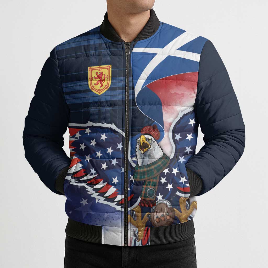Scottish-American Heritage Month Bomber Puffer Jacket USA Eagle with Scottish Traditional Costume