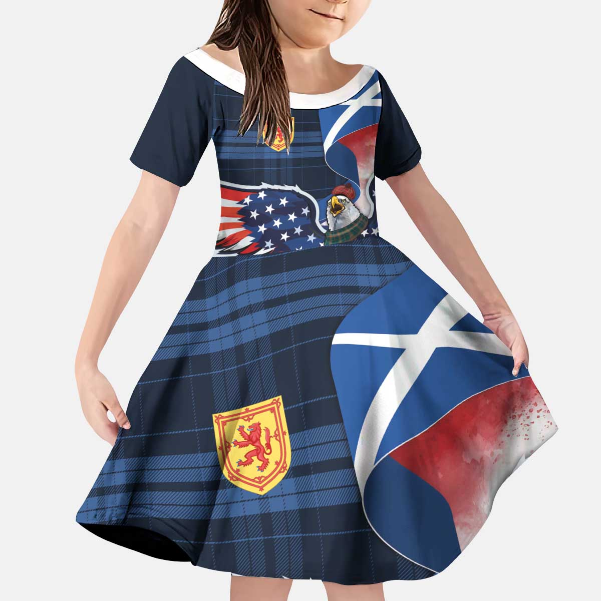 Scottish-American Heritage Month Kid Short Sleeve Dress USA Eagle with Scottish Traditional Costume