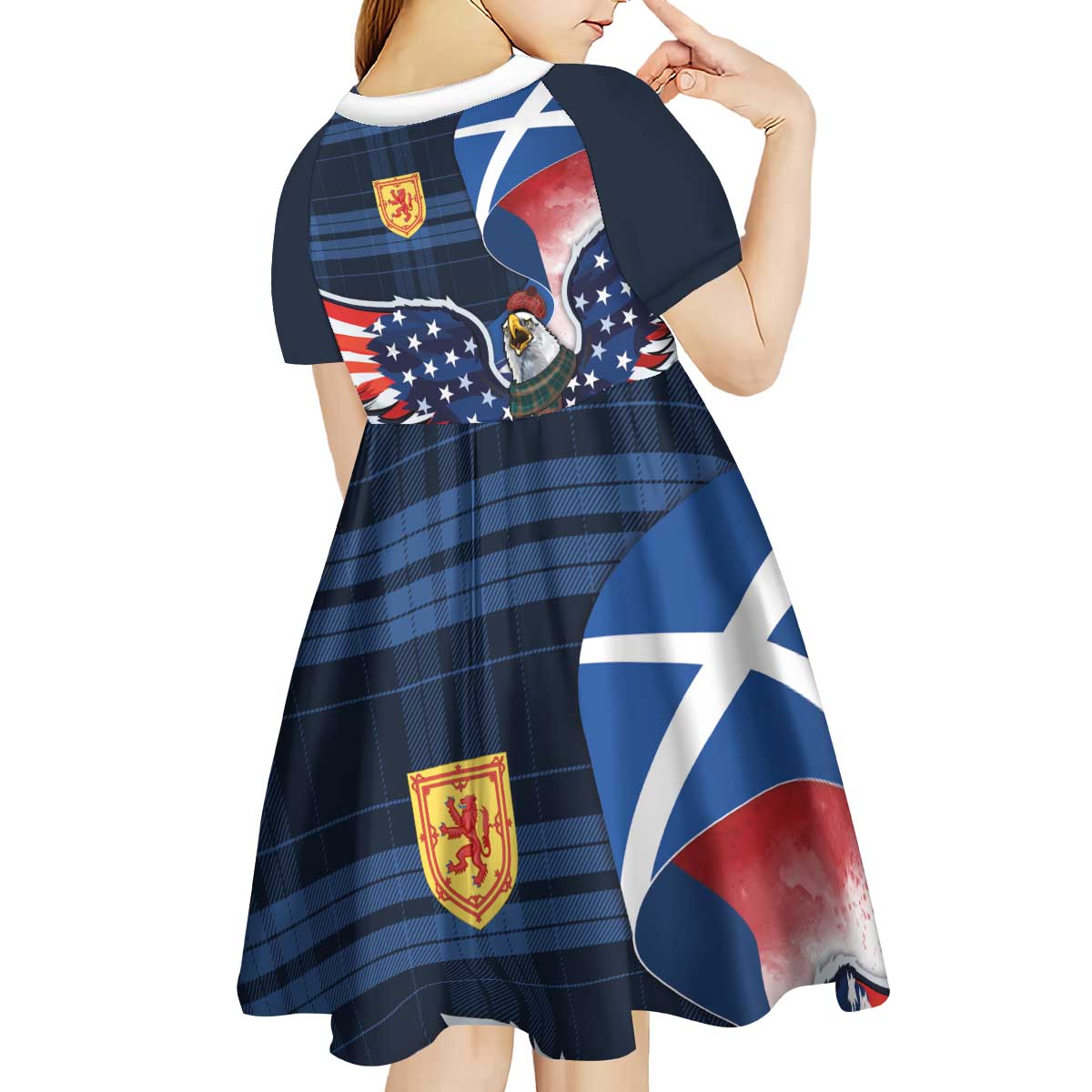 Scottish-American Heritage Month Kid Short Sleeve Dress USA Eagle with Scottish Traditional Costume