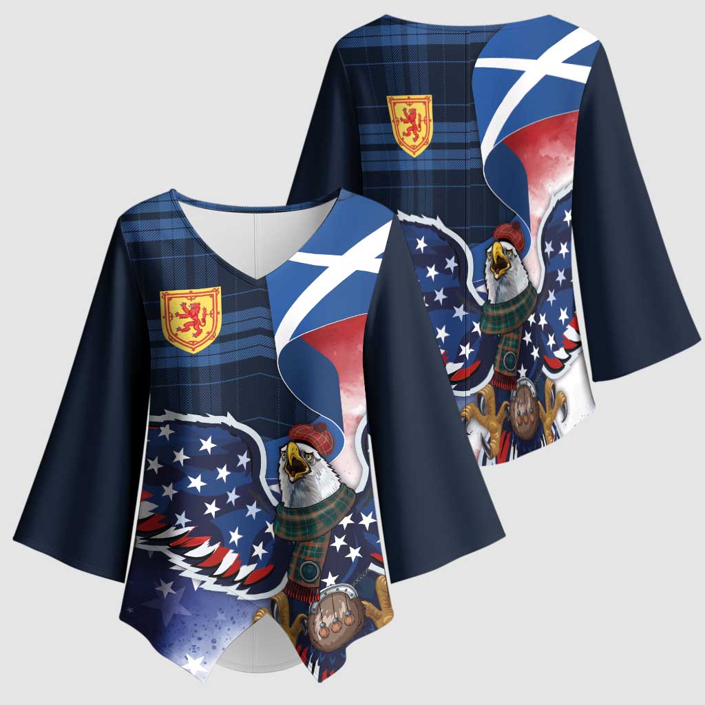 Scottish-American Heritage Month Kimono Sleeve Blouse USA Eagle with Scottish Traditional Costume