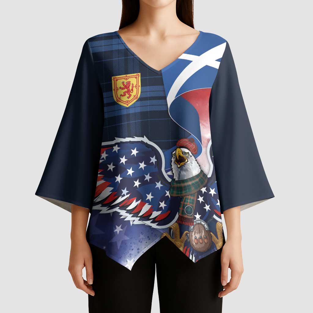 Scottish-American Heritage Month Kimono Sleeve Blouse USA Eagle with Scottish Traditional Costume