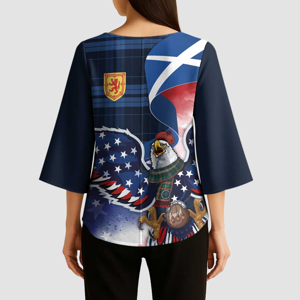 Scottish-American Heritage Month Kimono Sleeve Blouse USA Eagle with Scottish Traditional Costume