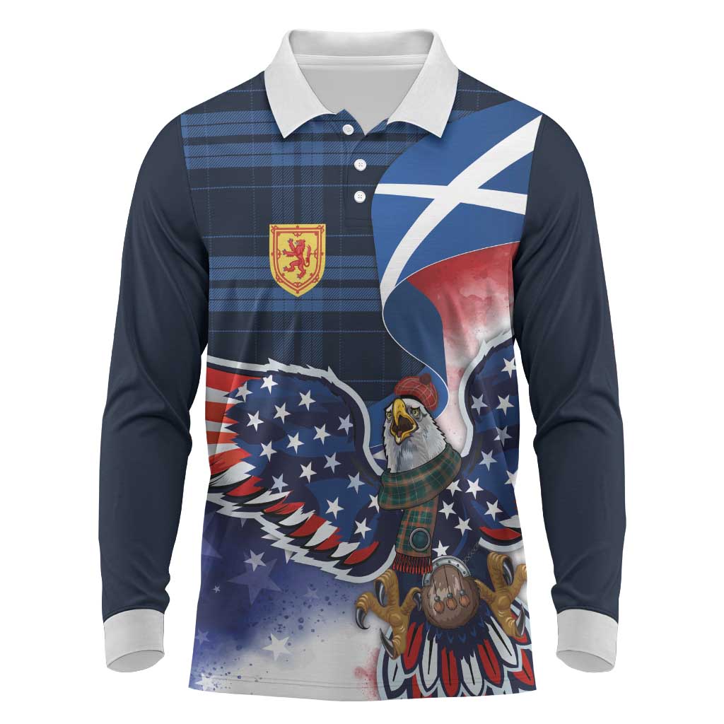Scottish-American Heritage Month Long Sleeve Polo Shirt USA Eagle with Scottish Traditional Costume