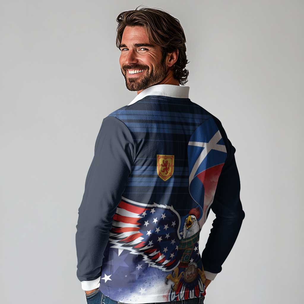 Scottish-American Heritage Month Long Sleeve Polo Shirt USA Eagle with Scottish Traditional Costume