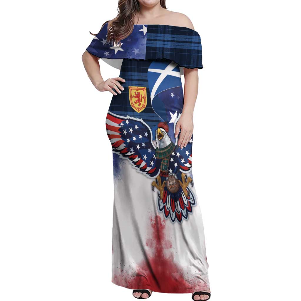 Scottish-American Heritage Month Off Shoulder Maxi Dress USA Eagle with Scottish Traditional Costume