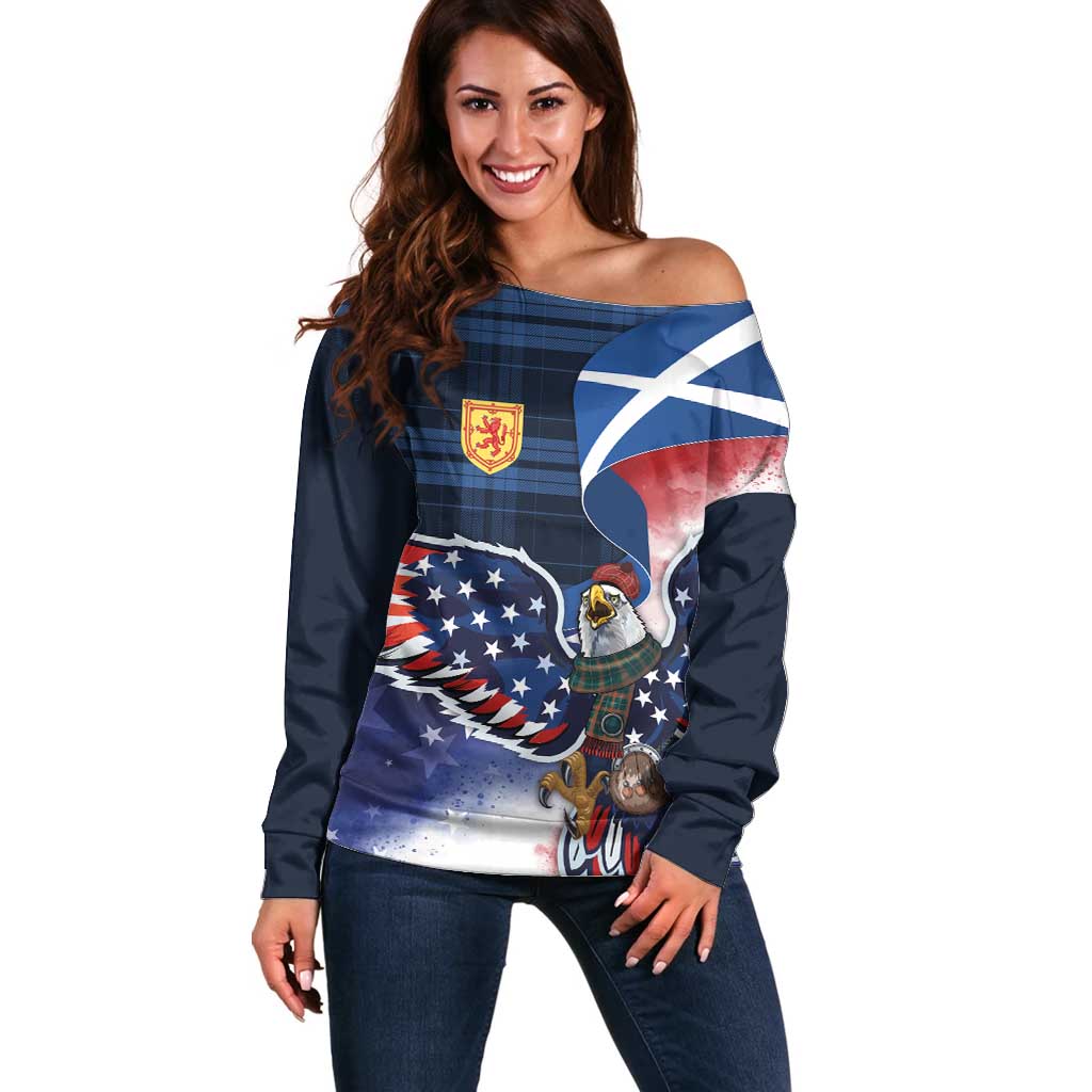 Scottish-American Heritage Month Off Shoulder Sweater USA Eagle with Scottish Traditional Costume