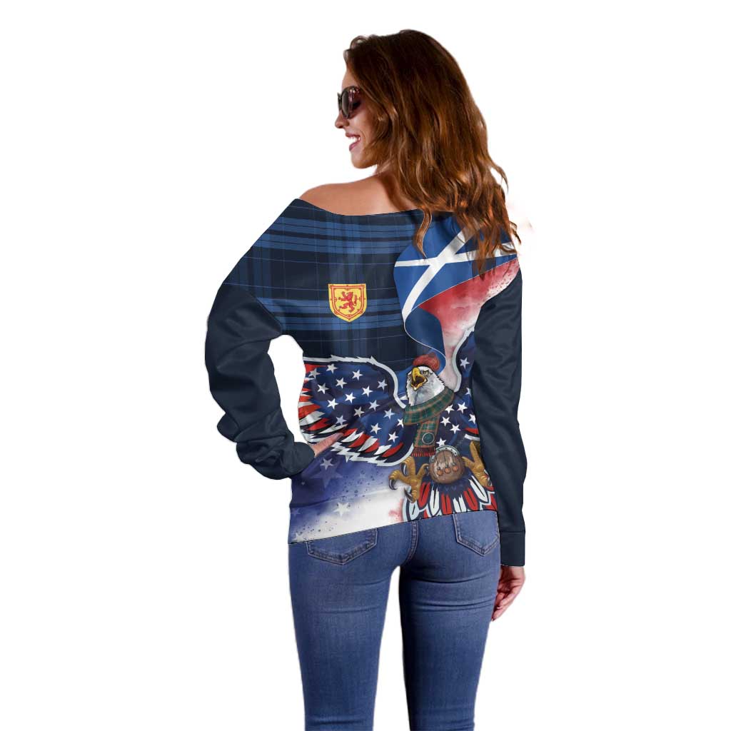 Scottish-American Heritage Month Off Shoulder Sweater USA Eagle with Scottish Traditional Costume