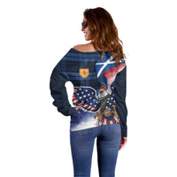 Scottish-American Heritage Month Off Shoulder Sweater USA Eagle with Scottish Traditional Costume