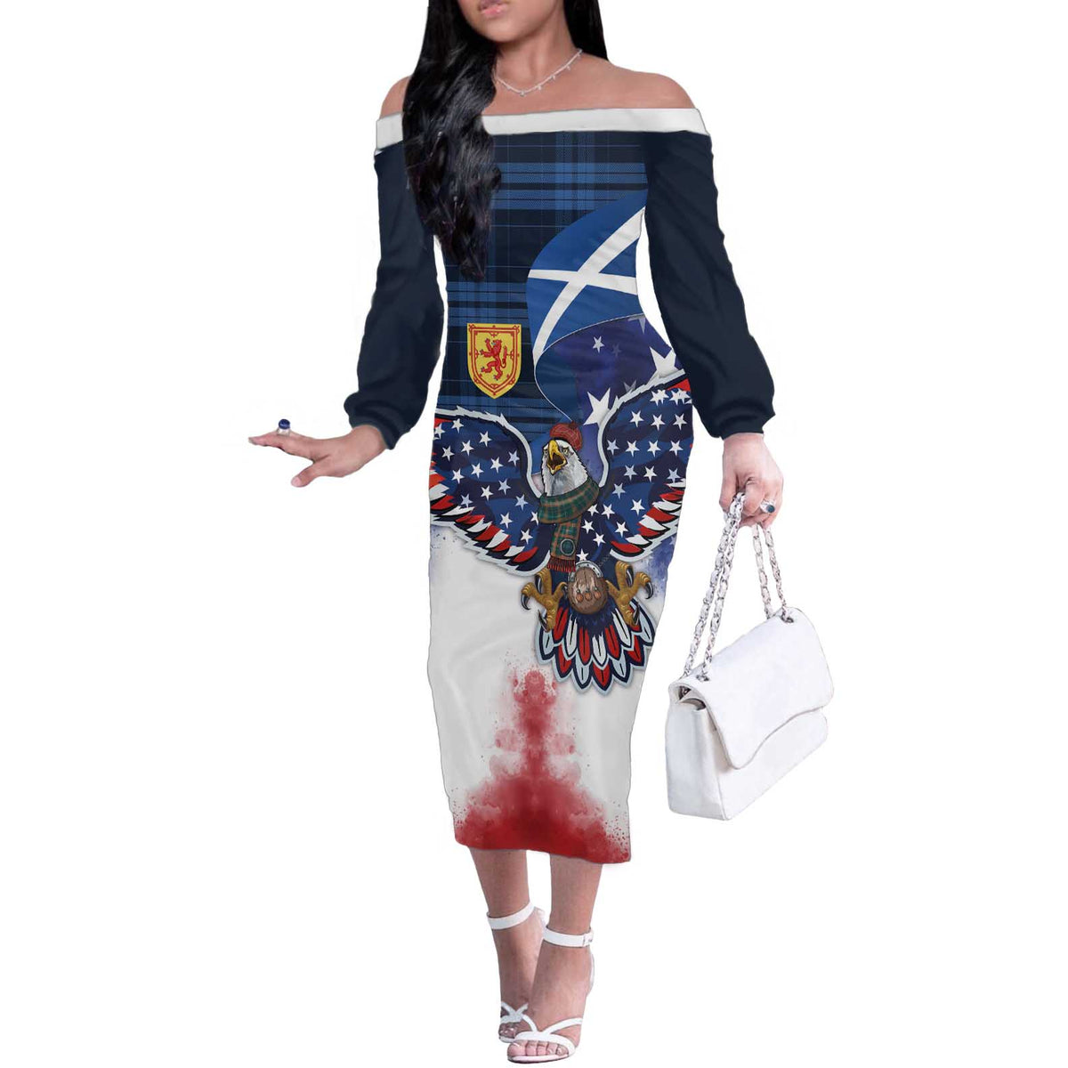 Scottish-American Heritage Month Off The Shoulder Long Sleeve Dress USA Eagle with Scottish Traditional Costume