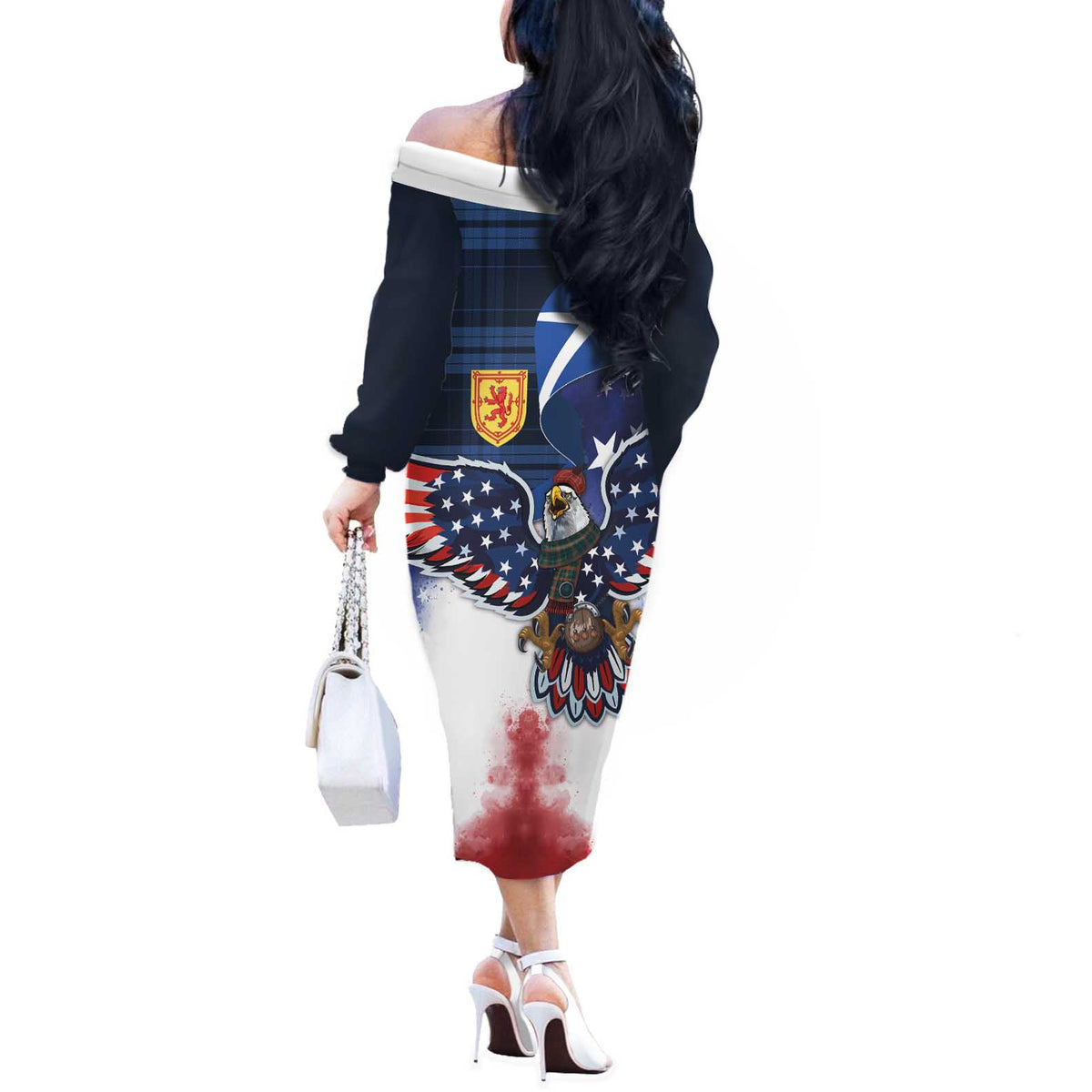 Scottish-American Heritage Month Off The Shoulder Long Sleeve Dress USA Eagle with Scottish Traditional Costume