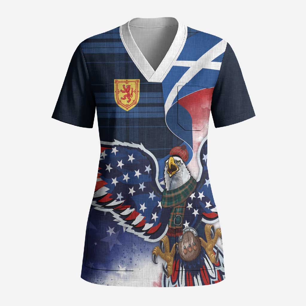 Scottish-American Heritage Month Scrub Top USA Eagle with Scottish Traditional Costume