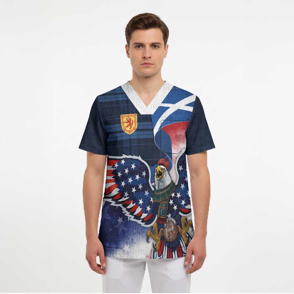 Scottish-American Heritage Month Scrub Top USA Eagle with Scottish Traditional Costume