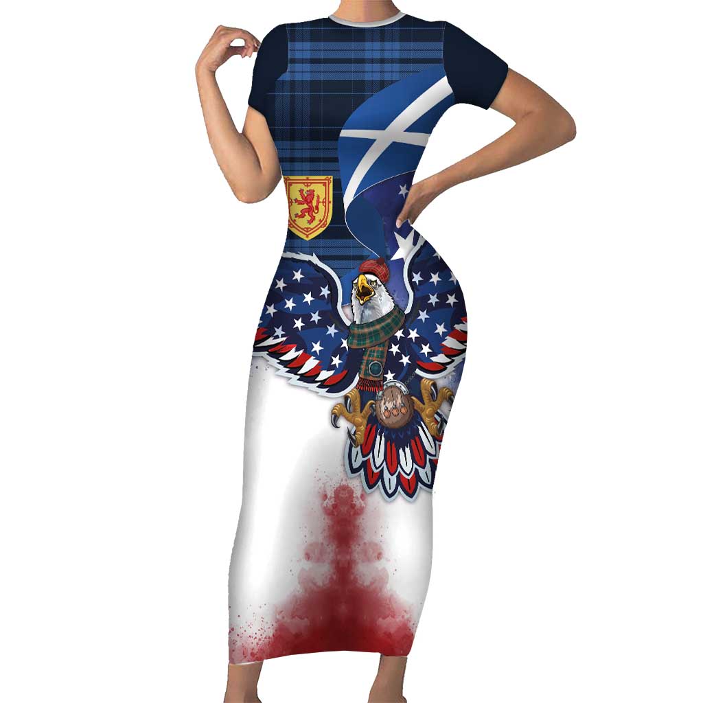 Scottish-American Heritage Month Short Sleeve Bodycon Dress USA Eagle with Scottish Traditional Costume