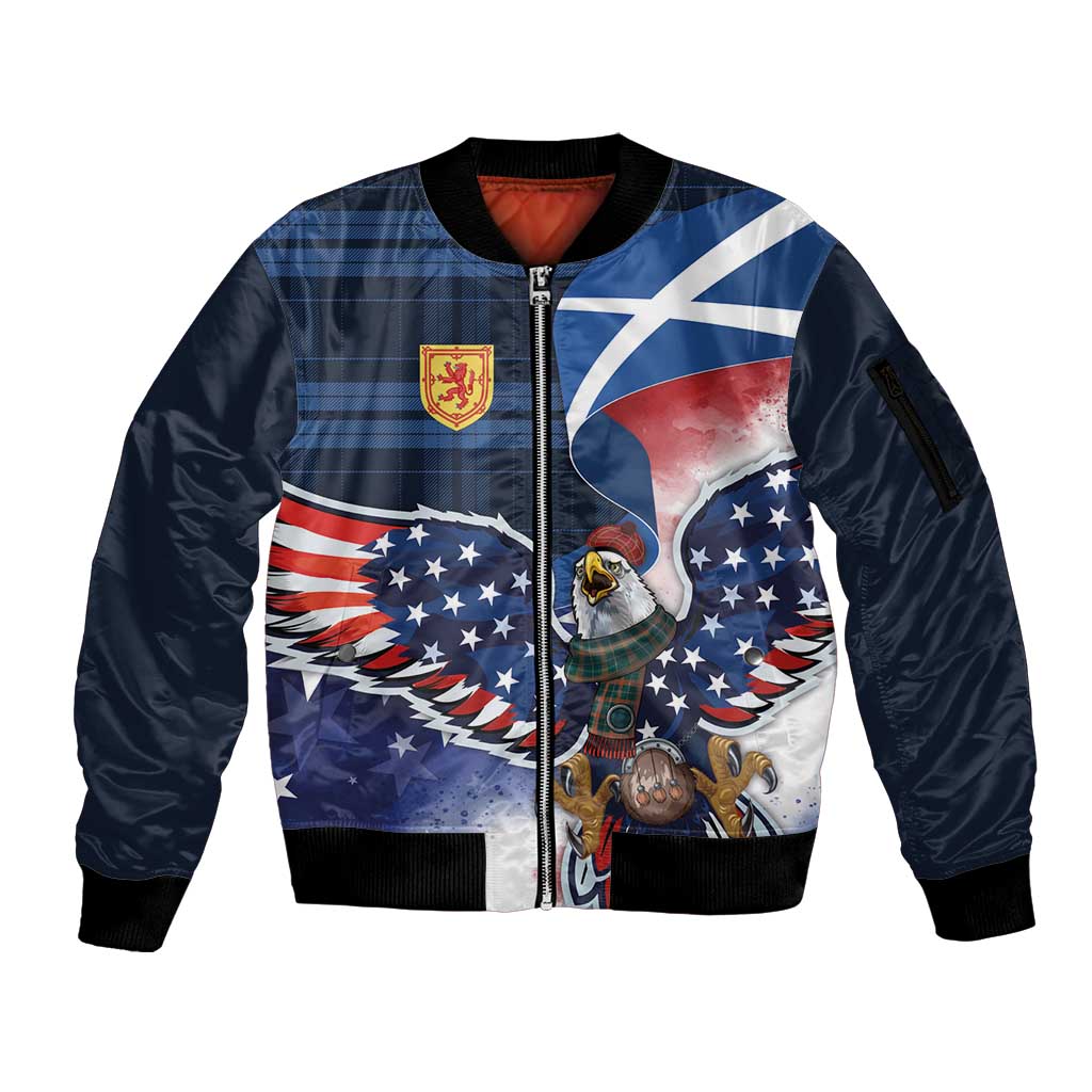 Scottish-American Heritage Month Sleeve Zip Bomber Jacket USA Eagle with Scottish Traditional Costume
