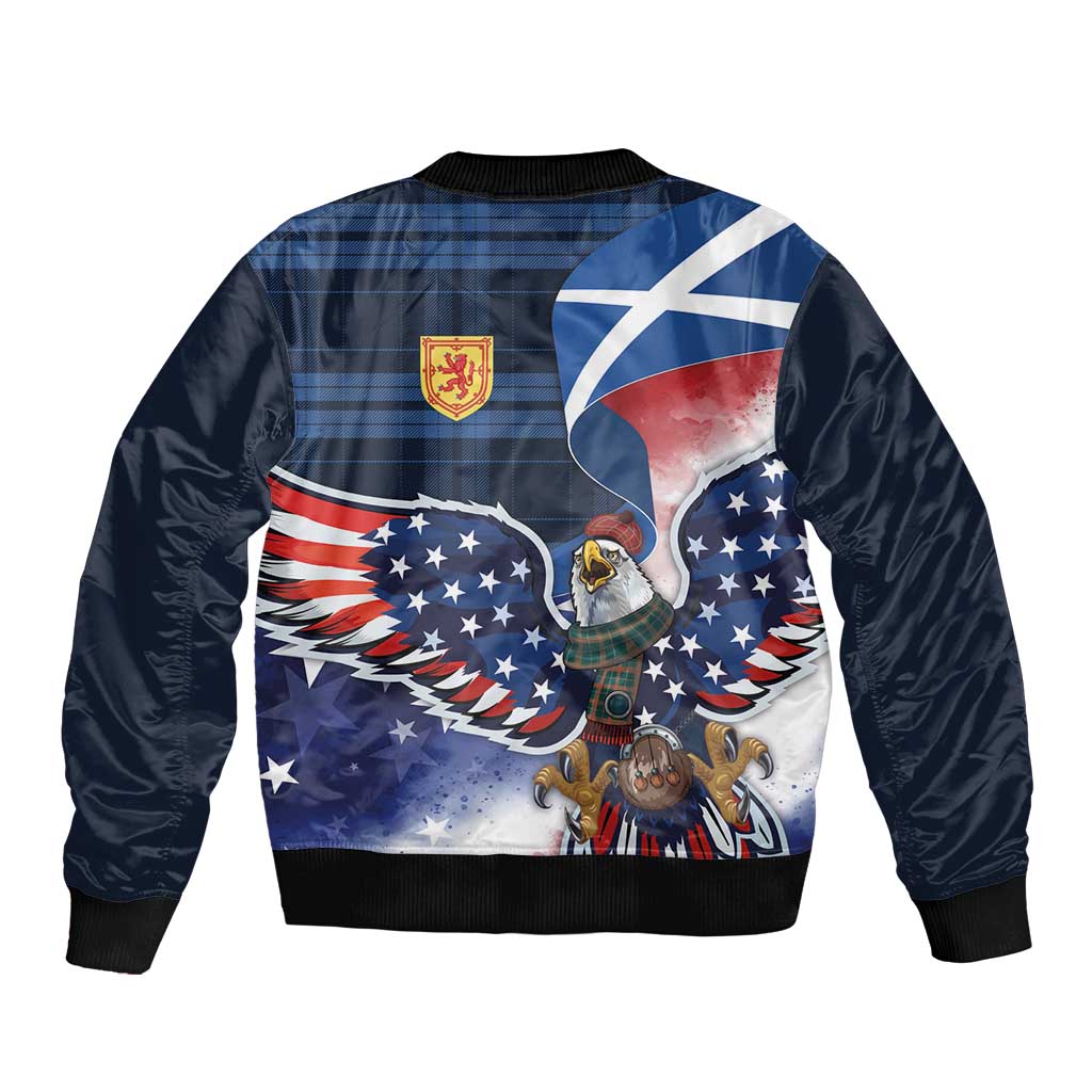 Scottish-American Heritage Month Sleeve Zip Bomber Jacket USA Eagle with Scottish Traditional Costume