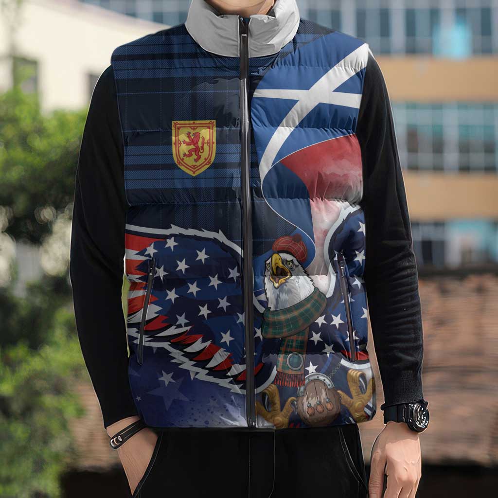 Scottish-American Heritage Month Sleeveless Puffer Jacket USA Eagle with Scottish Traditional Costume
