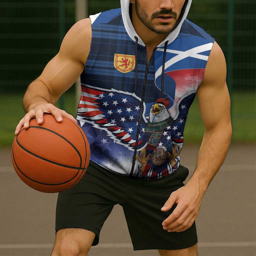 Scottish-American Heritage Month Sleeveless Zip Hoodie USA Eagle with Scottish Traditional Costume