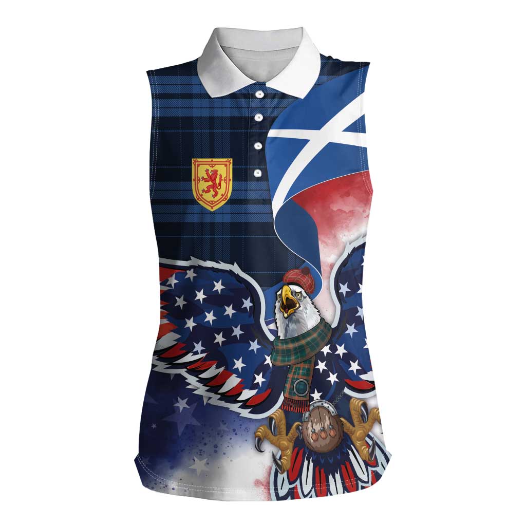 Scottish-American Heritage Month Women Sleeveless Polo Shirt USA Eagle with Scottish Traditional Costume