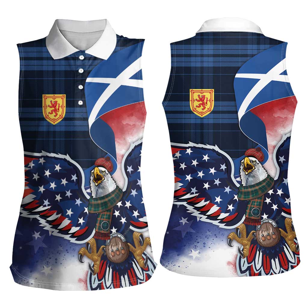 Scottish-American Heritage Month Women Sleeveless Polo Shirt USA Eagle with Scottish Traditional Costume