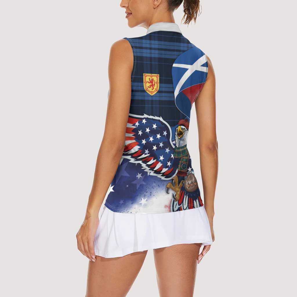 Scottish-American Heritage Month Women Sleeveless Polo Shirt USA Eagle with Scottish Traditional Costume