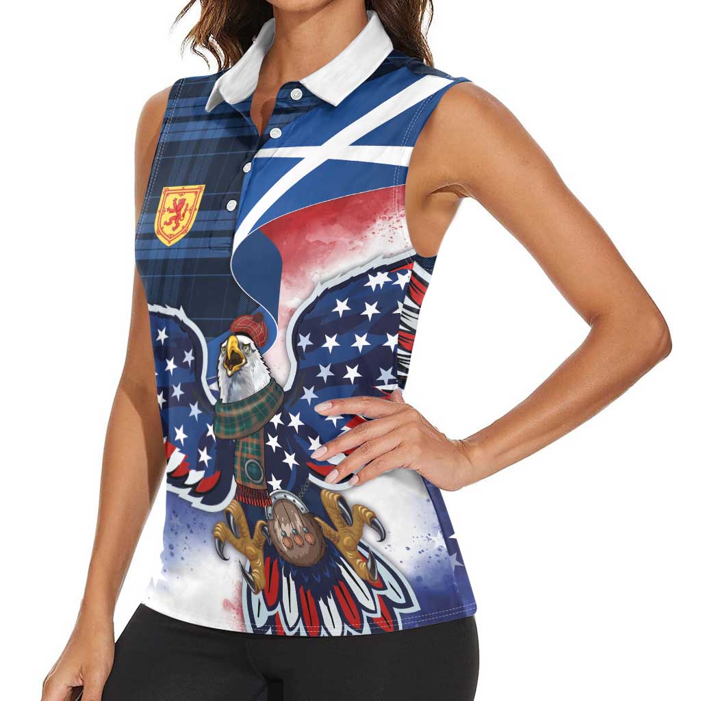 Scottish-American Heritage Month Women Sleeveless Polo Shirt USA Eagle with Scottish Traditional Costume
