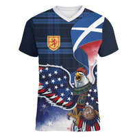 Scottish-American Heritage Month Women V-Neck T-Shirt USA Eagle with Scottish Traditional Costume