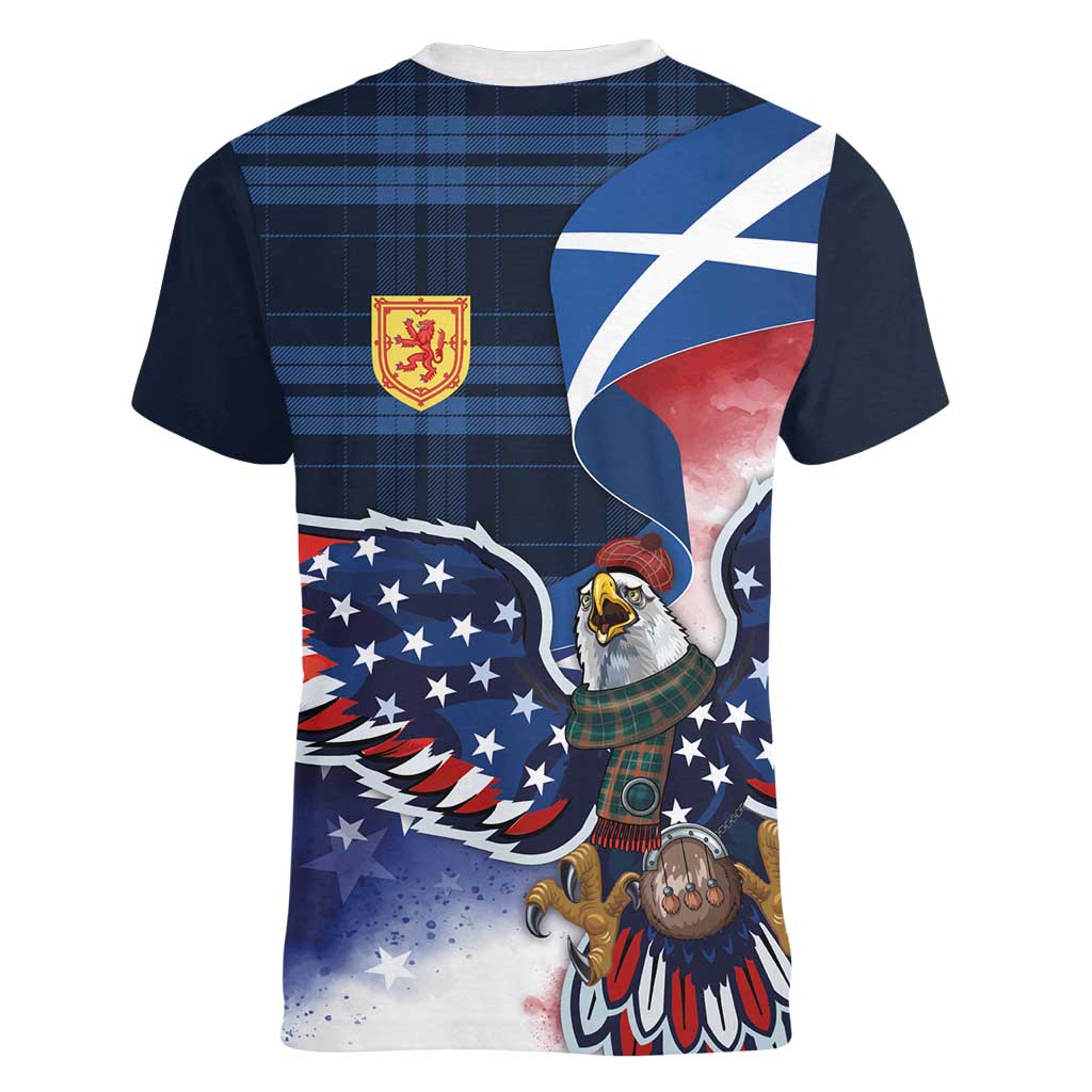 Scottish-American Heritage Month Women V-Neck T-Shirt USA Eagle with Scottish Traditional Costume