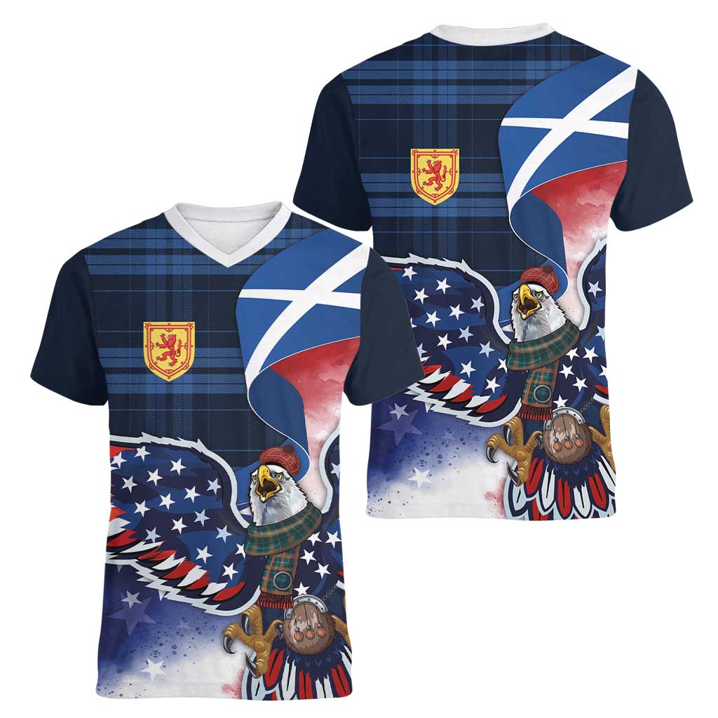 Scottish-American Heritage Month Women V-Neck T-Shirt USA Eagle with Scottish Traditional Costume