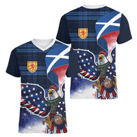 Scottish-American Heritage Month Women V-Neck T-Shirt USA Eagle with Scottish Traditional Costume