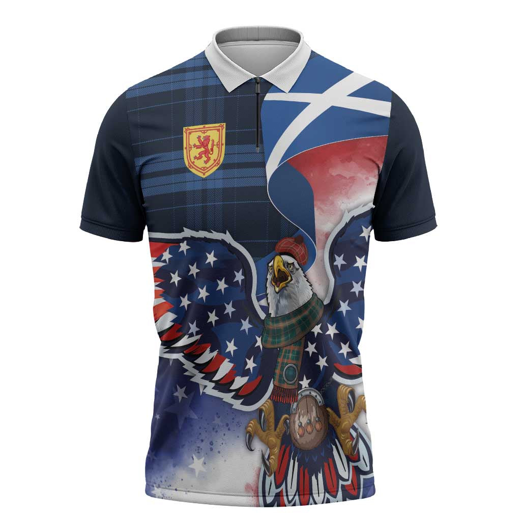 Scottish-American Heritage Month Zipper Polo Shirt USA Eagle with Scottish Traditional Costume