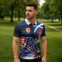 Scottish-American Heritage Month Zipper Polo Shirt USA Eagle with Scottish Traditional Costume