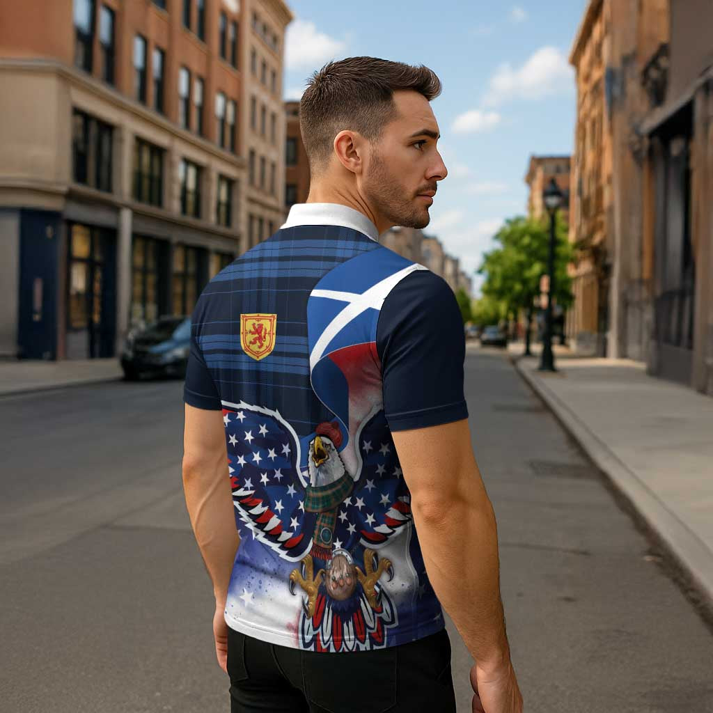 Scottish-American Heritage Month Zipper Polo Shirt USA Eagle with Scottish Traditional Costume