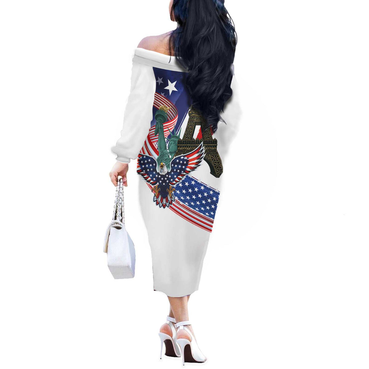French-American Heritage Month Off The Shoulder Long Sleeve Dress Dual Heritage and National Flag