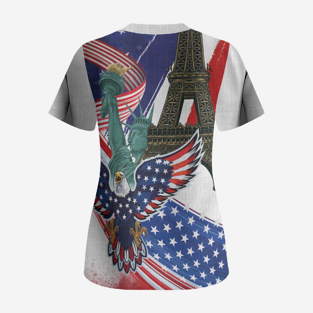 French-American Heritage Month Scrub Top Dual Heritage and National Flag
