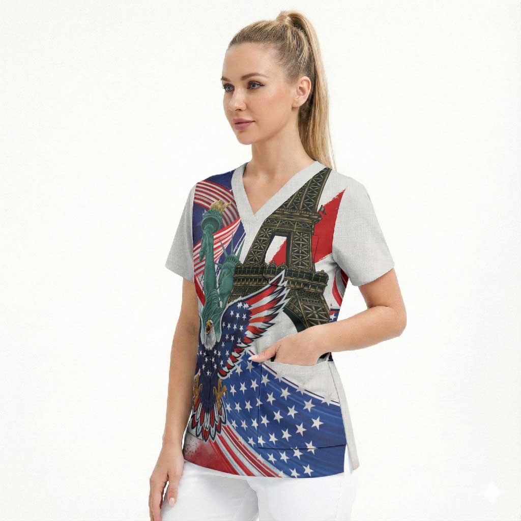 French-American Heritage Month Scrub Top Dual Heritage and National Flag