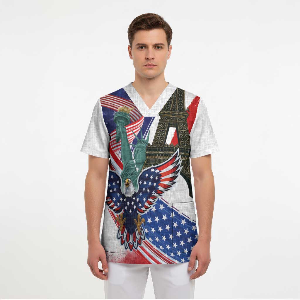 French-American Heritage Month Scrub Top Dual Heritage and National Flag