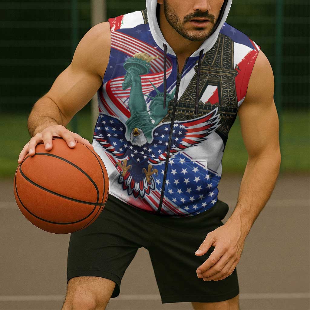 French-American Heritage Month Sleeveless Zip Hoodie Dual Heritage and National Flag