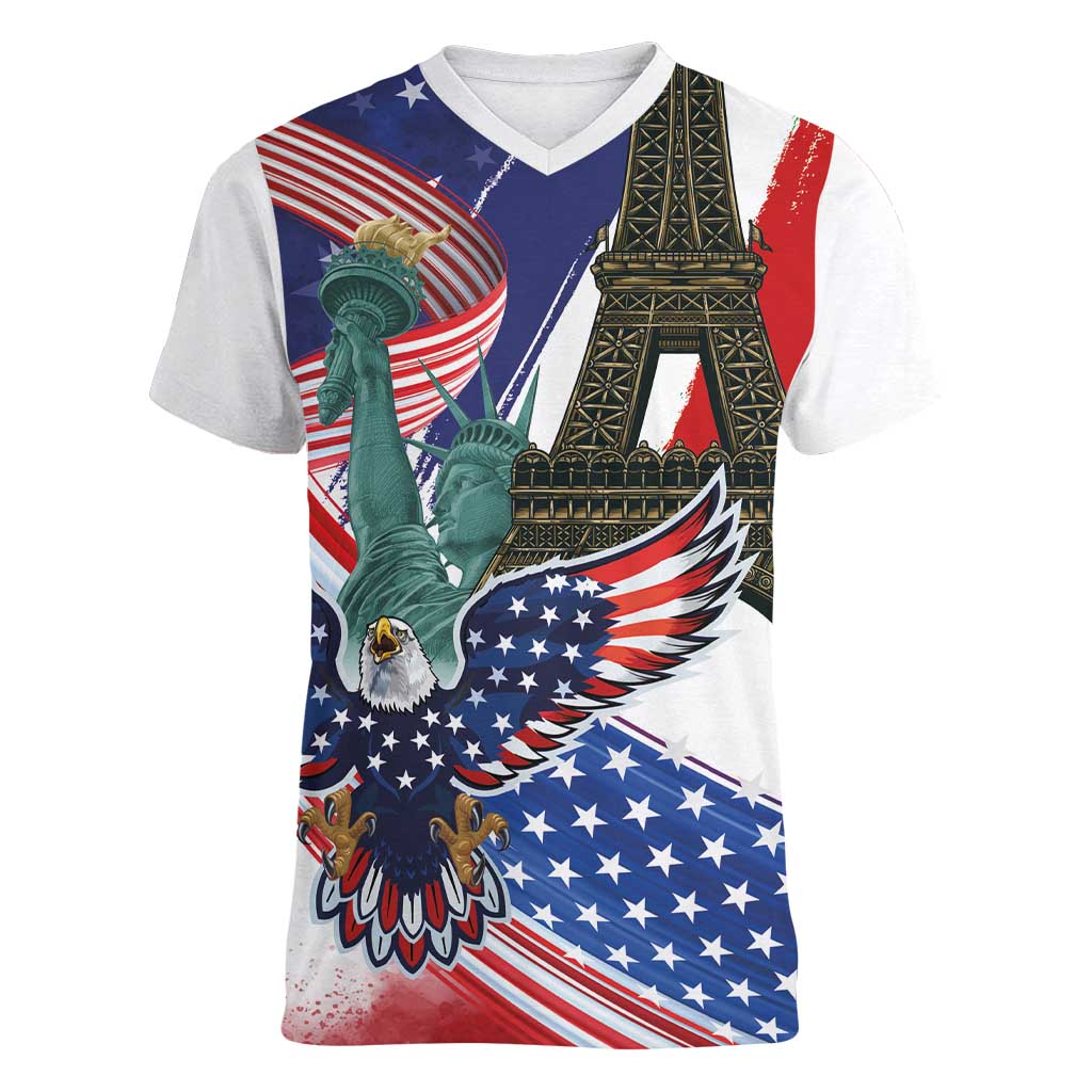 French-American Heritage Month Women V-Neck T-Shirt Dual Heritage and National Flag
