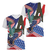 French-American Heritage Month Women V-Neck T-Shirt Dual Heritage and National Flag