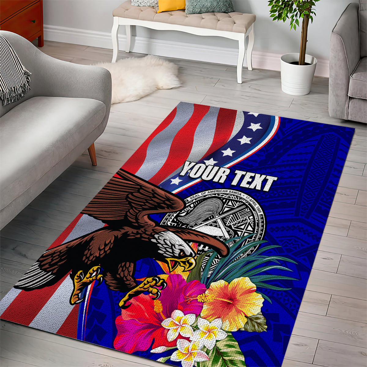 Personalised American Samoa and United States Area Rug Bald Eagle and Seal Hibiscus Polynesian Pattern - Wonder Print Shop