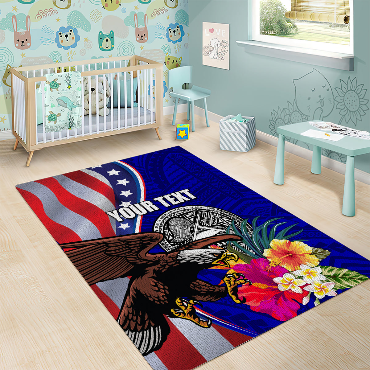 Personalised American Samoa and United States Area Rug Bald Eagle and Seal Hibiscus Polynesian Pattern - Wonder Print Shop