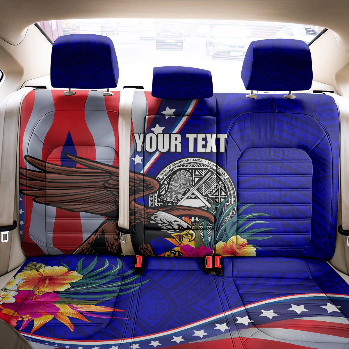 Personalised American Samoa and United States Back Car Seat Cover Bald Eagle and Seal Hibiscus Polynesian Pattern - Wonder Print Shop