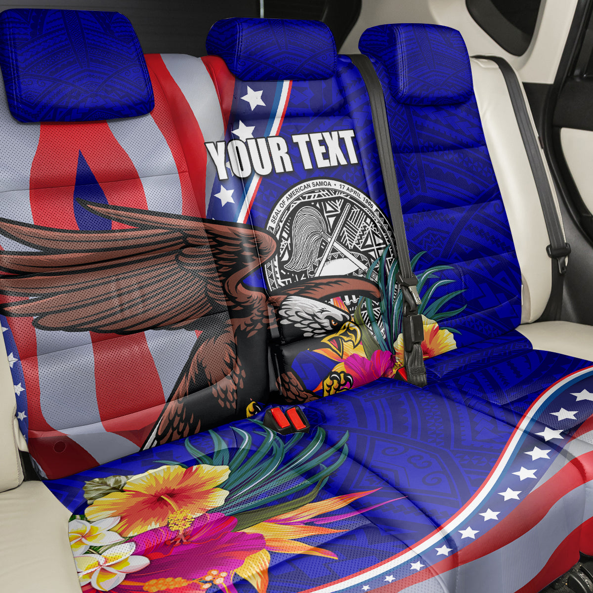 Personalised American Samoa and United States Back Car Seat Cover Bald Eagle and Seal Hibiscus Polynesian Pattern - Wonder Print Shop