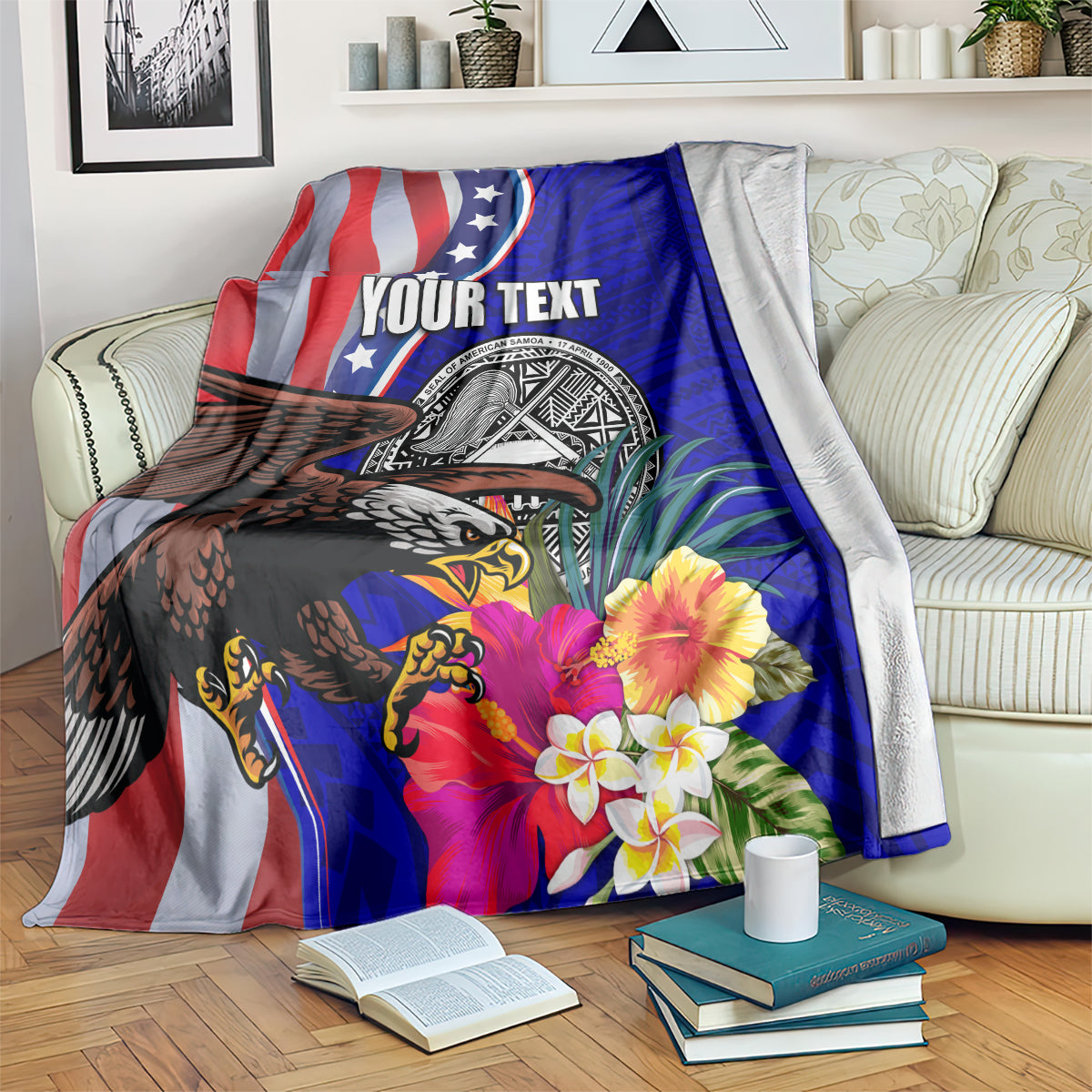 Personalised American Samoa and United States Blanket Bald Eagle and Seal Hibiscus Polynesian Pattern