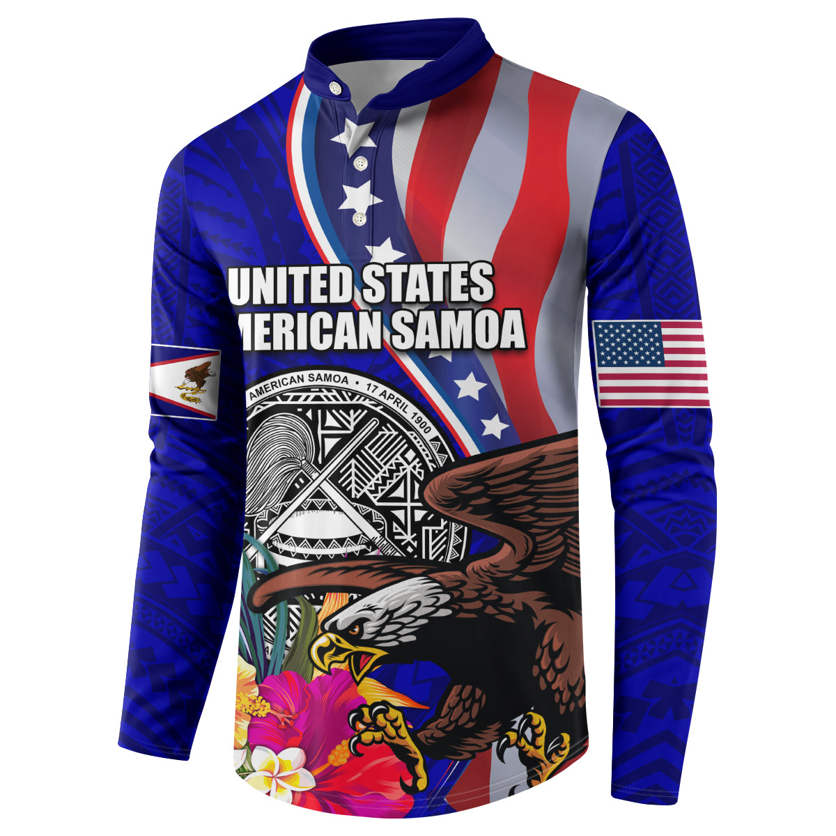 Personalised American Samoa and United States Button Sweatshirt Bald Eagle and Seal Hibiscus Polynesian Pattern - Wonder Print Shop