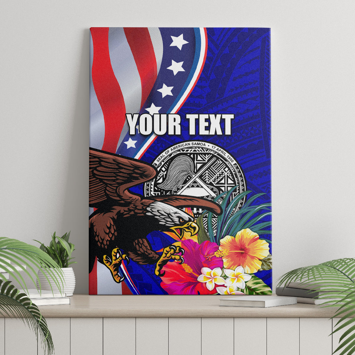 Personalised American Samoa and United States Canvas Wall Art Bald Eagle and Seal Hibiscus Polynesian Pattern - Wonder Print Shop