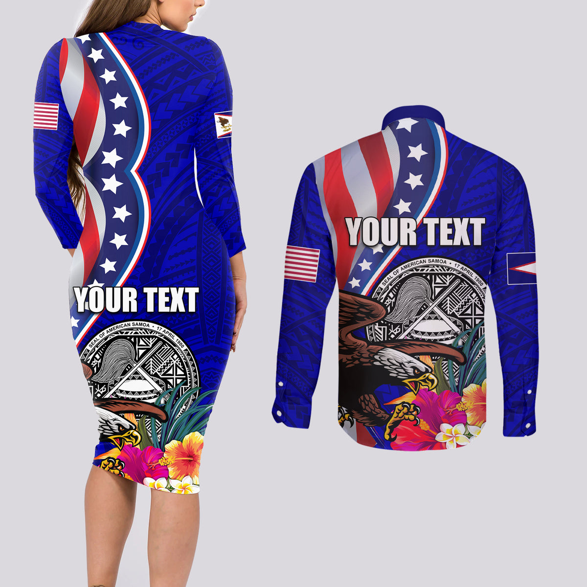 Personalised American Samoa and United States Couples Matching Long Sleeve Bodycon Dress and Long Sleeve Button Shirt Bald Eagle and Seal Hibiscus Polynesian Pattern - Wonder Print Shop